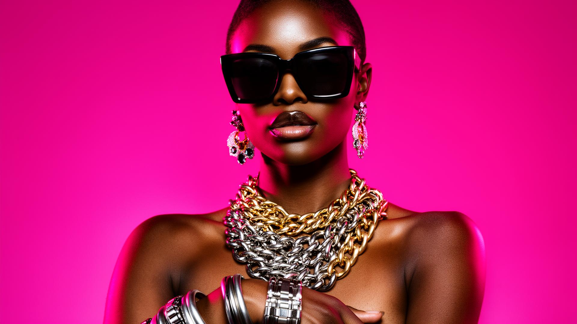Model wearing layered chains, oversized sunglasses and stacked bracelets